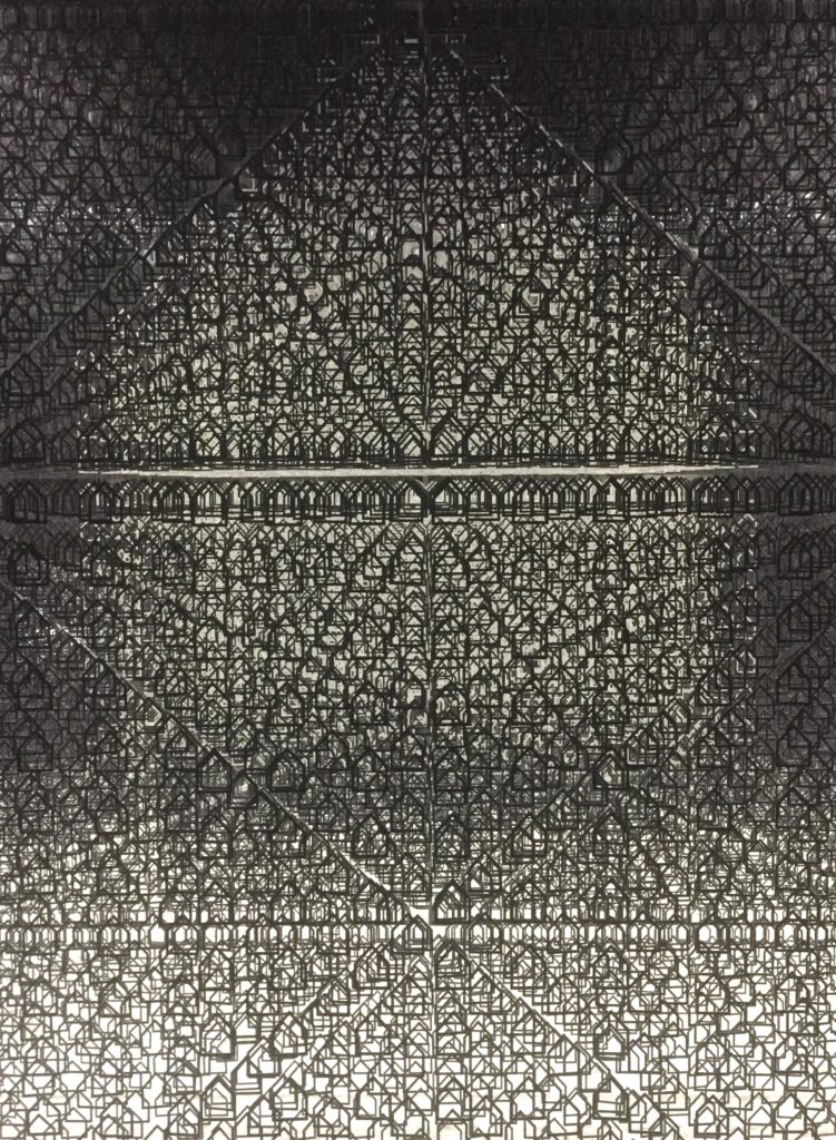 Layered black-and-white architectural pattern from an Escher-inspired installation, evoking relationality, reflection, and interdependence.